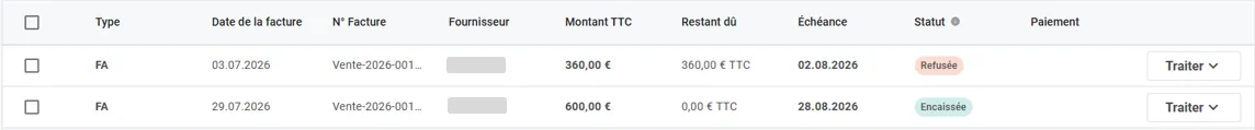 Capture d'écran — Gestion des factures d'achats : Factures fournisseurs