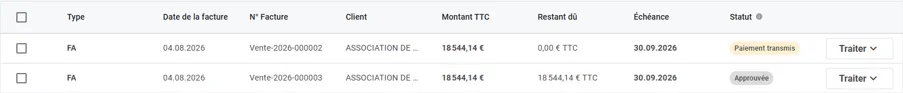 Capture d'écran — Gestion des factures de ventes : Factures clients